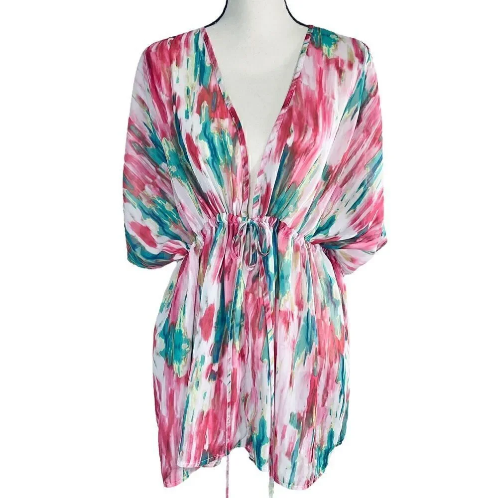 SHEIN Pink Ikat Bat Wing Swimsuit Coverup One Size